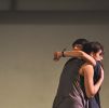 Katherine Adler (L) embraces Kitty Sailer (R) as she looks at her watch in Samuel Hanson's <i>Inventory</i>. Photo: Robin Sessions