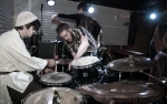 Setting up the drums, Eric Stevens for Deadtooth on stage at Kilby Court. Photo: Martín S Rivero.