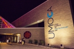 UMOCA is colorfully lit up at night as the Fluid Art exhibit comes to an end. Photo: Talyn Sherer