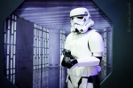 An Imperial Stormtrooper from the 501st Legion standing watch at their booth. Photo: Matt Brunk