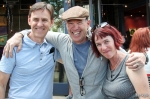 (L–R) John Francis, Mark DelVechio and Casee Francis enjoy the friendly post-toast vibe at the Squatters 25th anniversary party. John and Casee own Amour Spreads (dot com) and DelVechio is the chocolate guy at Millcreek Coffee. Photo: John Barkiple.