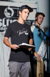 Emcee Steve Goemaat handled the awards ceremony, announcing the winners and giving out prizes to the top 3 finishers, as well as the winner of Best Trick. Photo: Matthew Windsor