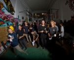 Kids at the Shred Shed lining up for the product toss. Photo: Matthew Windsor