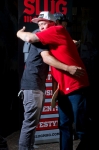 Johnny Roughneck hugs Steve Goemaat on stage as the awards ceremony wrapped up. Photo: Matthew Windsor