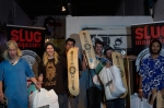 Smile and Congratulations! Left to right: Jordan and Nate Brown (tied for Second Place), SLUG Emcee Steve Goemaat, Mike Zanelli (Third Place), Clark Thomas (First Place), and Jose Sweet (Best Trick). Photo: Cezaryna