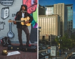 In the heart of downtown we are serenaded with some music as we prepare to enter the Farmers Market Kickoff Fundraiser at Squatters. Photo: Talyn Sherer