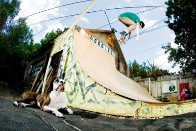 Enjoying the good life with mans best friend and a backyard ramp. Backside ollie out of the extension, Snuggles.