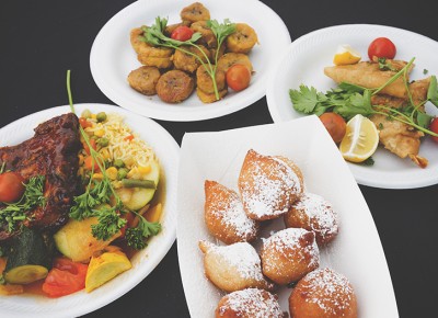 (L–R) Mama Africa’s Ribs, Fried Plantains, Samosas and Beignets. — Mama Africa.