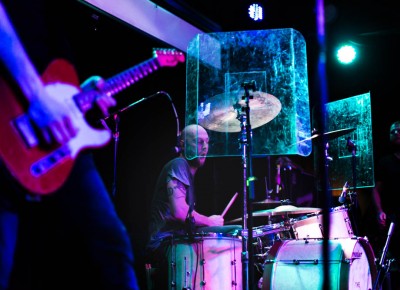 The Fratellis drummer Mince playing mid stage at the Urban Lounge.