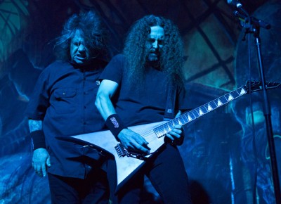 (L–R) Steve "Zetro" Souza and Kragen Lum deliver an energetic performance opening for King Diamond. Photo by Madi Smith.