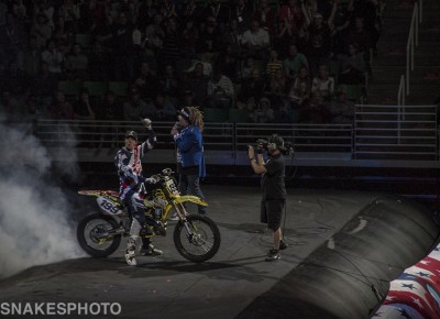 The man, Travis Pastrana, burns one out to get the show started. Photo: Jake Vivori