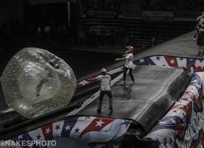 Yes, this rollerblader hit the mega ramp and landed in the gigantic zorb. Bullseye! Photo: Jake Vivori