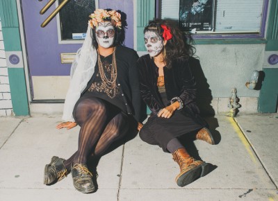 (L–R) Dübhe Manzanilla and Noel Papa looking spooky outside the show between performances. Photo: Tyson Call @clancycoop