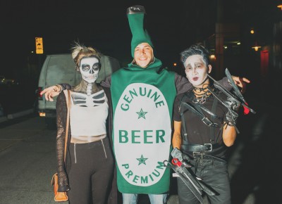 (L–R) Rainen Snyder as a skeleton, Julian Mitkus as a beer bottle and Trung Tham as Edward Scissorhands. Photo: Tyson Call @clancycoop