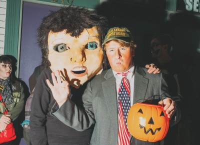 (L–R) Sahsa Polo as "secret costume" and Kit Fry as Donald Trump. Photo: Tyson Call @clancycoop