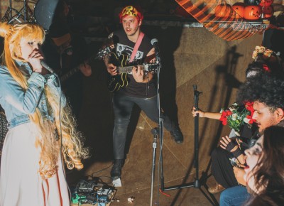 (L–R) Melody Maglione and Chaz Costello playing as part of My Chemical Romance (Fossil Arms and Baby Ghosts). Photo: Tyson Call @clancycoop