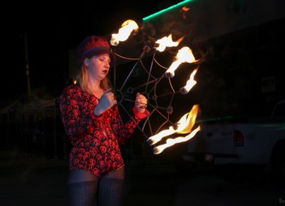 Sketch Cabaret’s Halloween party included Cirkus Pandemonium fire dancers who set the night on fire in the parking lot outside of Metro Bar. Photo: John Barkiple