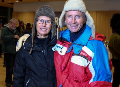 (L-R) Sally and Tom Loken worked the ID verification station at KRCL’s 2015 Polar Jubilee, and they listen to KRCL every day. KRCL is her first choice with KUER following close behind. Photo: John Barkiple