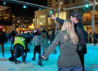 The Gallivan Center’s ice skaters added romantic energy to KRCL’s 2015 Polar Jubilee. For hand-holding couples, an ice-skating selfie is Instagram gold. Photo: John Barkiple