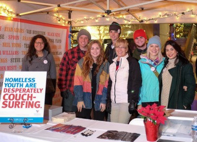 VFA volunteer DeAnn Zebelean (center, in a white jacket) is surrounded by VFA and KRCL youth radio DJs at the VFA clothing donation table for homeless youth. Proceeds from the Polar Jubilee benefited VFA’s homeless youth programs. Check voaut.org/home4teens to learn more or donate. Photo: John Barkiple