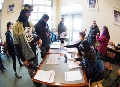 Contestant Rob Roethler gets registered for the comp inside Millicent Chalet. Photo: Niels Jensen