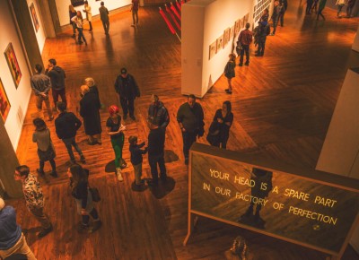 A bird’s-eye view of the UMOCA opening. The museum’s occupants provide a cohesive look at some of the many talents to grace the building during opening night. Photo: talynsherer.com