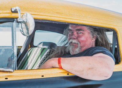 Chris Seifert drove his 1953 Pontiac Chieftain all the way from Seattle, WA, to watch the trials. His car is ornamented with skull lights and a steel bumper in the shape of skulls, with a WWI bayonet as a shifter. Photo: @clancycoop