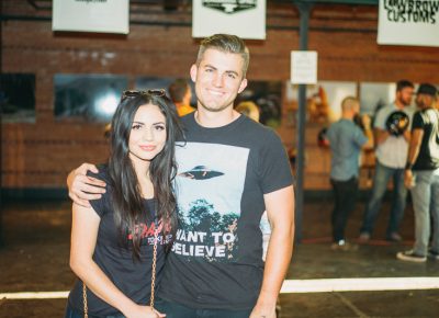 (L–R) Provo residents Oktavia and Patrick Spiker travelled from happy valley for the show with their T-shirt game on point. Photo: @clancycoop