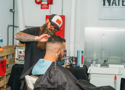 Nate Busch of Fuzzy Nates Barber Shop created a temporary shop and was doing cuts and shaves throughout the event. Photo: @clancycoop