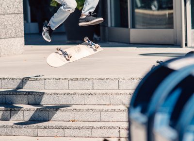 Izaak Cameron (team SSDD) with a nollie late flip down a much skated four-stair. Photo: Niels Jensen