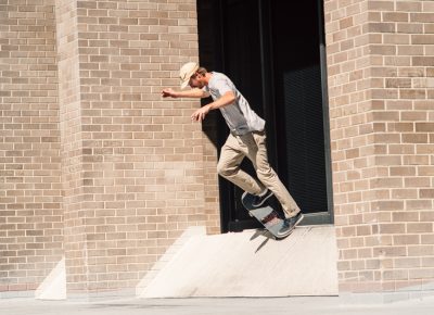 Kendall Johnson with the difficult task of riding back in fakie from a pivot-shuv. Photo: Niels Jensen