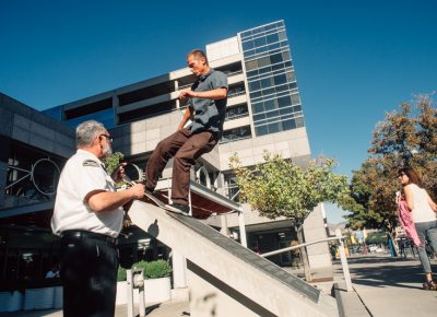 Sam Hubble didn’t let anyone get in his way of eventually landing this blunt to fakie. Photo: Niels Jensen