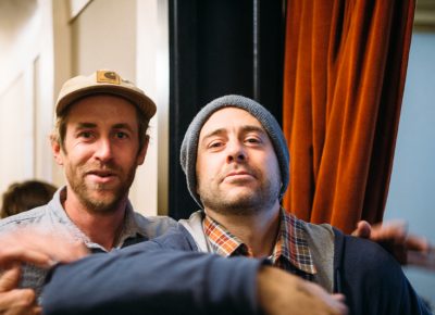 (L–R) Gabe Dussiere and Kendall Johnson enter the theater, representing team Old. Photo: Niels Jensen