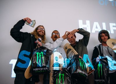 Team Half & Half took first place. Riders Jordan Vigil and Sam Hubble throw up the Sk8 Mafia sign alongside Nick Hubble and Half & Half shop owner Milton. Photo: Niels Jensen