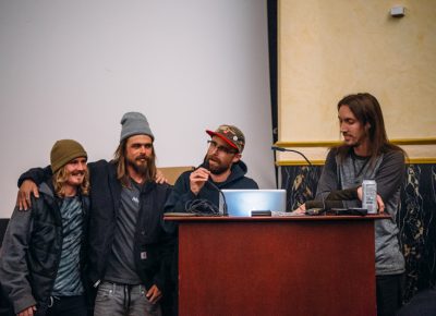 Caleb Orton introduces the After Dark team before their video premiere begins. Also pictured: Clark Thomas, Mark Judd and Eric Ferguson. Photo: Niels Jensen