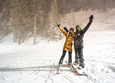 Stoked-out riders Fern and Pat cheered as they stood in the snow and amped for their next fun-run. Photo: Jo Savage // @SavageDangerWolf