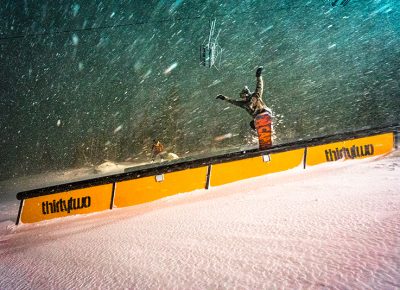 Pat Fava hits the rail at the terrain park with steez. Photo: Jo Savage // @SavageDangerWolf