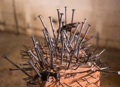 Another portion of Bobby’s interactive exhibit included this wooden block to hammer nails into to demonstrate and release your stress. Apparently, this was “a hit.” Photo: Jo Savage // @SavageDangerWolf