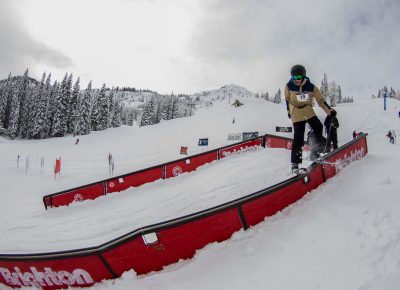 Garrett Calaway 3rd place 17 & under mens ski rail slide. Photo CJ Anderson