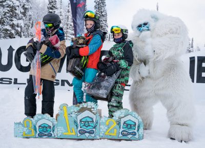 Men’s 17 and under ski winners. Luke Mallen (3rd), Garrett Calaway (1st), Alex Mallen (2nd). Photo: Jo Savage // @SavageDangerWolf