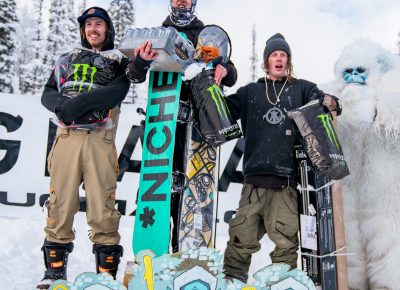 Men’s open snow winners. Andy Chammarow (3rd), Makalu Arnold (1st), Jeff Hopkins (2nd). Photo: Jo Savage // @SavageDangerWolf