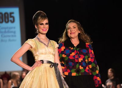 (L–R) Model MeKall Ryan and designer Betsy Barker of Betsy Couture Vintage Wedding Gowns. Photo: Ryan Houston