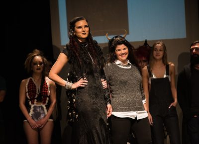 (L–R) Model Emi Sorenson and designer Rebecca Richards Fenton of Haunted Head Fashion. Photo: Ryan Houston