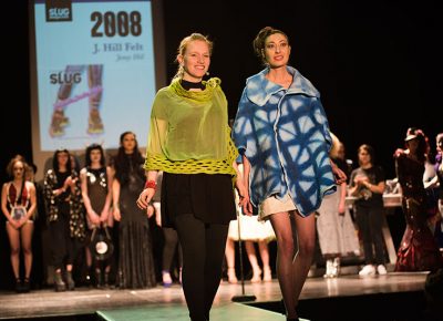 (L–R) Designer Kelsey Perkins and model Jenny Hill of J. Hill Felt. Photo: Ryan Houston