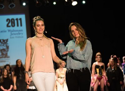 (L–R) Model Chelsea Harrocks and designer Katie Waltman of Katie Waltman Jewelry. Photo: Ryan Houston