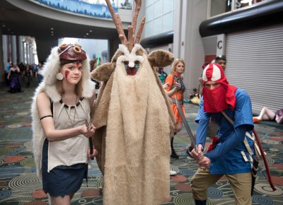 Sporting a sweet trio from Princess Mononoke, Rachel, Michaela and Sam pose for a photo. Photo: Lmsorenson.net