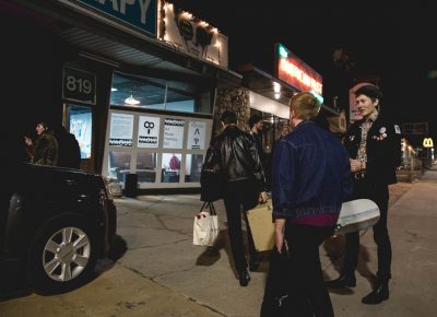 People unloading equipment for music on a warm March evening. Photo: Lmsorenson.net