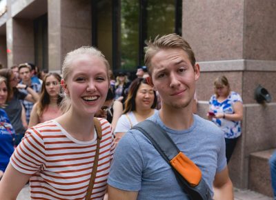 (L–R) Jessica Johnson and Bryce Allred waiting in line to get in. Photo: Logan Sorenson / Lmsorenson.net