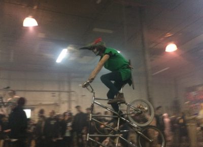 Bike Kill 2016. Bushwick, Brooklyn, New York. This quadruple tall bike was one of the many ingenious and freaky bicycles at the Halloween event. Photo courtesy of Erika Longino.