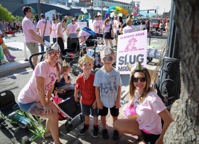 (L–R) Ashley Pacheco, Jeffery, Brooks, Emma Rose and Hope Orton prepare to march in the 2017 Utah Pride Parade. Photo: John Barkiple